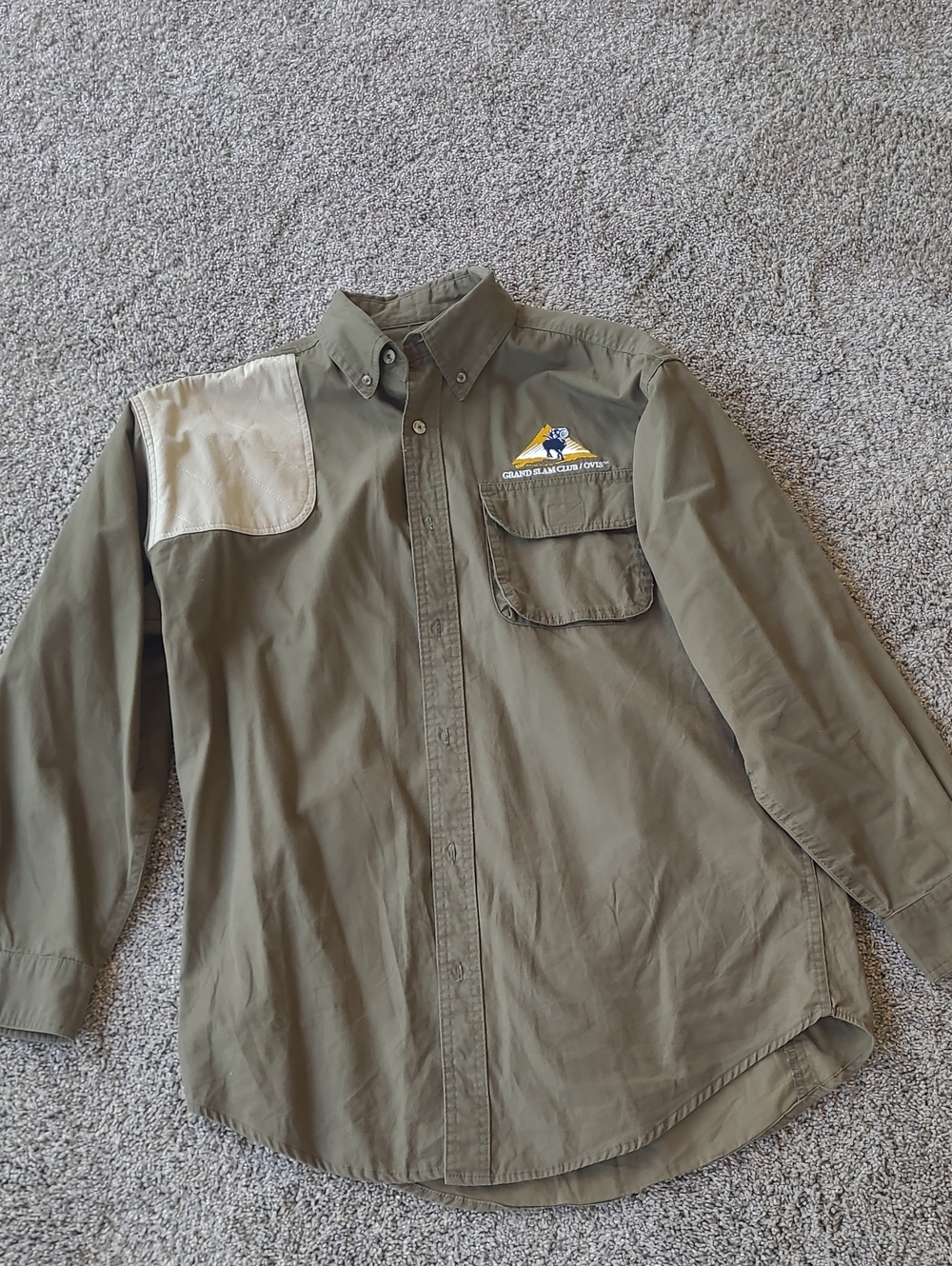 Men's Olive Long-Sleeve Button-Down Shirt with Contrasting Shoulder Patch
